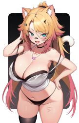 1girl animal_ears aqua_eyes black_panties black_thighhighs breasts cleavage commentary english_commentary fang hair_between_eyes highres indie_virtual_youtuber kaptivate large_breasts looking_at_viewer mole obkatiekat open_mouth panties ponytail single_thighhigh skin_fang smile solo tail thighhighs thighs underwear virtual_youtuber