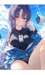 1girl absurdres blue_archive blue_buruma blue_jacket buruma drone gym_shirt gym_uniform halo highres id_card jacket jacket_partially_removed lanyard loyo mechanical_halo official_alternate_costume partially_unzipped revision shirt solo star_sticker sticker_on_face track_jacket yuuka_(blue_archive) yuuka_(track)_(blue_archive)