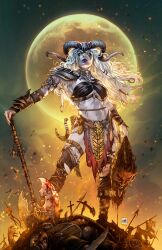 1girl absurdres axe battle_axe blank_eyes bracer breasts colored_skin fake_horns fire full_moon highres holding holding_axe holding_detached_head horned_headwear horns lady_death lady_death_(character) long_hair medium_breasts mike_krome moon navel pelvic_curtain planted planted_axe severed_head solo standing weapon white_hair white_skin