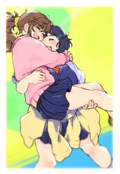 2girls black_hair brown_hair carrying carrying_person closed_eyes highres hug long_hair m_k multiple_girls open_mouth original outside_border ponytail princess_carry short_hair skirt yuri