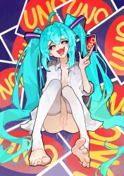 1girl absurdres ahoge anus aqua_hair black_sclera bottomless card cleft_of_venus colored_sclera commentary drooling english_commentary fang feet hatsune_miku highres holding holding_card knees_up long_hair looking_at_viewer mimukauwa_nice_try_(vocaloid) mouth_drool nail_polish no_shoes open_clothes open_mouth open_shirt panties pantyshot pussy shirt sitting solo stirrup_legwear thighhighs toeless_legwear toenail_polish toenails toes twintails uncensored underwear uno_(game) vocaloid white_shirt white_thighhighs yeougui