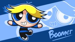 1boy afterimage antenna_hair black_pants black_shoes blonde_hair blue_background blue_eyes blue_shirt boomer_(ppg) child commentary craig_mccracken_(style) english_text hanasaki_kanichi happy leg_up looking_at_viewer male_focus outstretched_arms pants parted_bangs powerpuff_girls rowdyruff_boys shirt shoes short_hair smile sneakers solo solo_focus standing standing_on_one_leg striped_clothes striped_shirt teeth text_background
