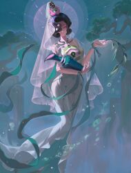 1girl absurdres aqua_shawl backlighting bare_arms bare_shoulders black_hair blue_background bottle branch dress full_body hagoromo hair_bun hair_ornament hair_over_one_eye halo halo_behind_head highres holding holding_bottle holding_branch jewelry long_dress looking_at_viewer lotus_hair_ornament momo369597 necklace official_alternate_costume one_eye_covered pine_tree purple_eyes reverse:1999 shawl short_hair sleeveless sleeveless_dress smile snake snake_hair_ornament solo tree tuesday_(reverse:1999) tuesday_(story_of_the_jade_vase)_(reverse:1999) veil water_drop white_dress white_veil