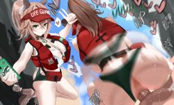 Rule 34 | 1boy, 1girl, anus, ass, bikini, bikini bottom aside, blonde hair, brown sandals, cellphone, censored, clothing aside, commentary, day, facing away, girl on top, green bikini, hat, heart, hetero, high heel sandals, high ponytail, highres, holding, holding phone, indie virtual youtuber, life vest, medium hair, mosaic censoring, motion blur, nimi nightmare, nimi nightmare (lifeguard), outdoors, phone, ponytail, pov, red hat, redi (rasec asdjh), reverse cowgirl position, sandals, sex, side ponytail, smartphone, solo focus, spoken heart, straddling, swimsuit, symbol-only commentary, tank top, tapir girl, vaginal, virtual youtuber, visor cap, white tank top