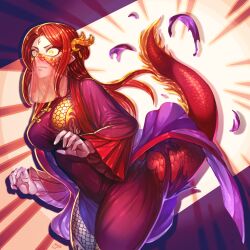 1girl border breasts china_dress chinese_clothes coat commentary_request covered_navel cowboy_shot dragon_girl dragon_tail dress emphasis_lines facial_mark forehead_mark furrification furry genderswap genderswap_(mtf) hair_ornament hua_zhuotian_(shinku_castle) large_breasts long_hair mask monster_girl original pointy_ears purple_border purple_coat red_dress red_hair red_scales red_tail see-through_clothes see-through_mask shinku_castle solo surprised tail torn_clothes torn_dress transformation white_background wide-eyed yellow_eyes