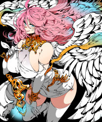 1girl bare_shoulders black_background blue_eyes blue_hair boots breasts cleavage closed_mouth elbow_gloves gloves gradient_hair hair_between_eyes hand_up kafun large_breasts lips long_hair looking_at_viewer multicolored_hair original pink_hair simple_background smile solo thigh_boots thighhighs two-tone_hair white_gloves white_thighhighs wings