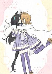 2girls agnes_tachyon_(umamusume) ahoge animal_ears black_hair blush bow bowtie brown_hair brown_shoes closed_eyes coat ear_tag earrings face-to-face frilled_skirt frills hand_up hands_up horse_ears horse_girl horse_tail hug jewelry jumping lab_coat lala_lilas long_hair long_sleeves manhattan_cafe_(umamusume) medium_hair multicolored_hair multiple_girls open_clothes open_coat open_mouth pleated_skirt purple_shirt purple_skirt purple_thighhighs shirt shoes single_earring skirt smile surprised tail thighhighs umamusume very_long_hair white_bow white_bowtie white_coat white_hair wolf_cut
