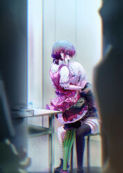 2girls absurdres animal_ears asymmetrical_legwear black_jacket black_nails black_shoes black_thighhighs blue_eyes blush brown_hair choker chromatic_aberration commentary dress english_commentary fishnets girls_band_cry green_pantyhose grey_eyes grey_hair grey_shorts highres hug iseri_nina jacket kawaragi_momoka koe_naki_sakana long_hair looking_at_viewer low_twintails multicolored_hair multiple_girls nail_polish open_mouth pantyhose pink_dress red_choker red_shoes roots_(hair) shoes short_hair short_twintails shorts sitting standing striped_clothes striped_pantyhose table thighhighs twintails ydpfa yuri
