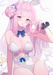 1girl angel_wings animal_ears arm_support armpit_crease bare_shoulders black_scrunchie blue_archive blue_bow blue_bowtie blush bow bowtie breasts cleavage closed_mouth collarbone commentary feathered_wings fingernails flower hair_bun hair_flower hair_ornament hair_ribbon halo highres large_breasts leotard long_hair looking_at_viewer low_wings mika_(blue_archive) pink_hair pink_halo playboy_bunny purple_flower rabbit_ears ribbon scrunchie single_side_bun smile solo starry_sky_print strapless strapless_leotard thick_thighs thighs tongue tongue_out white_background white_leotard white_ribbon white_wings wings wrist_scrunchie yellow_eyes yofo