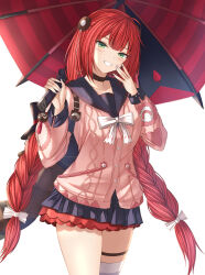 1girl ahoge black_choker black_sailor_collar blunt_bangs blush bow bowtie braided_twintails choker collarbone eyebrows_hidden_by_hair eyes_visible_through_hair green_eyes hair_bow hair_ornament highres holding holding_umbrella kanpyou_(hghgkenfany) long_hair low-tied_long_hair low_twintails miniskirt raccoon_tail red_hair red_umbrella sailor_collar school_uniform single_thighhigh skirt smile solo standing tail teeth thigh_strap thighhighs thighs twintails ukinami_yuzuha umbrella very_long_hair white_bow white_bowtie white_thighhighs zenless_zone_zero