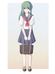 1girl :/ alternate_costume bag blue_eyes blue_sailor_collar blue_skirt border brown_bag brown_shoes collared_shirt dot_nose double-parted_bangs facing_viewer frog_hair_ornament full_body gradient_background green_hair hair_ornament hair_tubes highres holding holding_bag kochiya_sanae loafers long_hair looking_at_viewer neckerchief pleated_skirt red_neckerchief sailor_collar sanqianzq school_uniform serafuku shirt shoes short_sleeves simple_background single_hair_tube single_sidelock skirt skirt_set snake_hair_ornament solo touhou wide_sleeves
