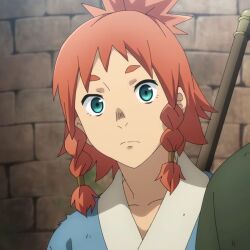 1boy bad_tag blessing braid crisis_of_memory demi-human determined green_eyes guardian_bearer highres isekai kai_(teogonia) light_blue_hakama looking_at_viewer magic male_focus open_mouth orange_hair polearm red_mark_on_face reincarnated short_hair short_hakama solo spear spearmastery teogonia traditional_clothing weapon