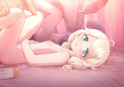 2boys 2girls absurdres ahoge blonde_hair blue_eyes blush breasts completely_nude green_eyes group_sex hetero highres idolmaster idolmaster_cinderella_girls loli long_hair looking_at_viewer lube lying missionary multiple_boys multiple_girls nipples nude on_back open_mouth orgy pussy sex small_breasts solo_focus tomawarinosuizou vaginal yusa_kozue