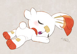1other blush_stickers closed_eyes commentary gen_8_pokemon hinako_iroiro lying nintendo no_humans on_stomach open_mouth pokemon pokemon_(creature) scorbunny signature sleeping solo symbol-only_commentary tagme teeth upper_teeth_only