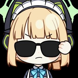 Rule 34 | 1girl, :&lt;, adjusting eyewear, animal ear headphones, animal ears, animated, animated gif, apron, aqua bow, aqua bowtie, black dress, blonde hair, blue archive, blunt bangs, blunt ends, blush, blush stickers, bow, bowtie, cat ear headphones, cat ears, chibi, chunye haruya, closed mouth, collared dress, commission, contrast collar, disembodied hand, dot nose, dress, fake animal ears, green halo, halo, hand on eyewear, headphones, light frown, looking at viewer, lowres, maid, maid apron, maid headdress, midori (blue archive), midori (maid) (blue archive), missing commentary, official alternate costume, official alternate hairstyle, pleading eyes, ponytail, second-party source, short hair, sidelocks, simple background, solo, sunglasses, transparent background, upper body, white apron, white headdress