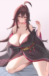 Rule 34 | 1girl, absurdres, ahoge, bare shoulders, black kimono, blush, breasts, brown hair, cleavage, collarbone, commentary request, floral print, floral print kimono, hair intakes, highres, huge breasts, japanese clothes, kimono, kneeling, long hair, mole, mole on breast, obi, obijime, off shoulder, original, pink eyes, print kimono, sash, seoki (hi3031), solo, tassel, white background, yellow sash