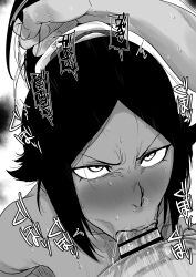 1boy 1girl absurdres bar_censor bare_shoulders black_hair bleach censored collarbone completely_nude cum cum_in_mouth dark-skinned_female dark_skin fellatio hair_ornament hetero highres kaiman_garupan long_hair monochrome nude oral parted_bangs ponytail shihouin_yoruichi