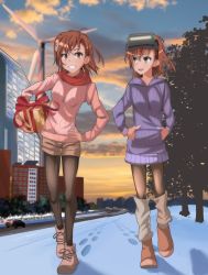 2girls blue_sky blush bow box breasts brown_eyes brown_footwear brown_hair brown_legwear brown_shorts building car carrying cloud cloudy_sky commentary dandere_(tetsudan) english_commentary female_focus floral_bow flower flower_on_head flower_ornament full_body gift gift_box grey_flower grin hair_between_eyes hair_flower hair_ornament hand_on_own_hip hands_in_pockets head-mounted_display highres holding holding_gift light_blush long_sleeves looking_at_another looking_at_viewer medium_hair misaka_imouto misaka_mikoto motor_vehicle multicolored_sky multiple_girls open_mouth outdoors pantyhose pantyhose_under_shorts pink_sweater purple_sweater red_bow red_scarf road scarf short_shorts shorts siblings sisters sky small_breasts smile snow sunset sweater toaru_kagaku_no_railgun toaru_majutsu_no_index tree walking wind_turbine windmill yellow_sky