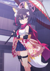 1girl animal_ear_fluff animal_ears black_gloves blue_archive blue_skirt breasts brown_hair closed_mouth fishnet_thighhighs fishnets fox_ears fox_girl fox_hair_ornament fox_tail fukamiki_kei gloves halo highres holding holding_umbrella holster izuna_(blue_archive) japanese_clothes kunai looking_at_viewer multicolored_hair oil-paper_umbrella partially_fingerless_gloves pink_hair pink_halo pink_scarf pleated_skirt scarf shirt skirt small_breasts solo streaked_hair tail thigh_holster thighhighs umbrella weapon white_shirt