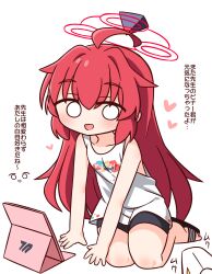1girl :d ahoge bare_arms bare_shoulders black_sandals black_shorts blue_archive blush commentary_request full_body halo hana_kazari heart highres long_hair looking_at_viewer maki_(blue_archive) o_o open_mouth print_shirt red_hair red_halo sandals shirt shorts simple_background sitting sleeveless sleeveless_shirt smile solo tablet_pc translation_request very_long_hair white_background white_shirt