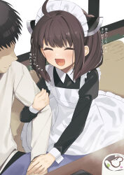 1boy 1girl :d ^_^ absurdres ahoge apron arm_hug black_dress blush brown_hair closed_eyes collared_dress cup dress grey_shirt headgear highres indoors juliet_sleeves kotatsu long_sleeves maid maid_apron maid_headdress mug open_mouth partner_(kprtnr) puffy_sleeves shirt smile table tatami touhoku_kiritan translation_request twintails voiceroid