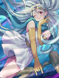1girl aqua_cape blue_background blue_gemstone blue_hair boots brown_boots cape circlet commentary dragon_quest dragon_quest_iii dress earrings elbow_gloves floating_clothes floating_hair foot_up gem gloves gold_circlet grin heart holding holding_staff jewelry long_hair looking_at_viewer merami one_eye_closed red_eyes sage_(dq3) smile solo staff strapless strapless_dress stud_earrings symbol-only_commentary twitter_username white_dress yellow_gloves
