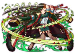 1girl anime_coloring aqua_armband aqua_sleeve_cuffs armband artist_request belt belted_coat big_hair black_footwear black_garter_straps breasts brown_thighhighs button_gap buttoned_cuffs buttons center_frills closed_mouth coat coat_on_shoulders collar collared_jacket crash_fever eyelashes fighting_stance fingernails frills frown full_body game_cg garter_straps green_belt green_coat green_collar green_hair green_jacket green_skirt green_sleeves green_theme grey_eyes hair_intakes hijikata_toshizo_(crash_fever) hijikata_toshizou holding holding_sword holding_weapon horizontal-striped_sleeve_cuffs jacket katana leaf legs_apart lips long_hair long_sleeves mature_female medium_breasts mole mole_under_eye number_print numbered official_art open_clothes open_jacket outline oversized_clothes parted_bangs pencil_skirt pink_petals pommel_tassel print_armband print_sleeves puffy-trimmed_coat puffy_collar red_belt red_lips red_outline red_petals red_trim see-through_clothes see-through_thighhighs shirt single_horizontal_stripe skirt sleeve_cuffs solo square square_print standing strappy_heels striped_clothes striped_sleeve_cuffs sword sword_tassel tachi-e tassel thighhighs third-party_source torn_clothes torn_skirt transparent_background two-tone_sleeve_cuffs v-shaped_eyebrows very_long_hair wavy_hair weapon white_collar white_shirt wind yellow_stripes yellow_trim