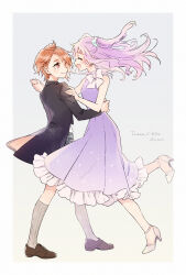 1boy 1girl aqua_scrunchie arm_around_waist black_coat black_footwear black_shorts blazer closed_eyes closed_mouth coat commentary dancing dress ellee-chan english_text formal_clothes frilled_dress frills grey_socks hair_ornament hair_scrunchie hetero high_heels highres hirogaru_sky!_precure holding_hands jacket lanzhu leg_up loafers long_hair long_sleeves looking_at_another medium_dress open_mouth orange_hair precure purple_dress purple_hair red_eyes scrunchie shirt shoes short_hair shorts sleeveless sleeveless_shirt smile socks standing standing_on_one_leg twitter_username two_side_up white_footwear yuunagi_tsubasa