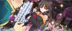 Rule 34 | 1boy, 3girls, :t, arm under breasts, arue (konosuba), black robe, blunt bangs, blush, bow, breasts, brick wall, brown hair, cape, clenched hands, closed mouth, collared dress, day, diagonal-striped clothes, diagonal-striped necktie, dodonko (konosuba), dress, drill hair, drill sidelocks, eyepatch, funifura, game cg, grabbing own hair, green cape, hair between eyes, hair bow, hair ornament, highres, holding, holding own hair, indoors, kono subarashii sekai ni shukufuku wo!, konosuba! fantastic days, large bow, large breasts, long hair, long sleeves, looking at another, multiple girls, necktie, off shoulder, official art, open mouth, orange necktie, pink dress, ponytail, pout, puff of air, purple bow, red bow, red eyes, red necktie, red prison magic school uniform, robe, satou kazuma, school uniform, short dress, sidelocks, smile, sparkle, striped clothes, sweatdrop, twintails, two-tone necktie, white bow, x hair ornament