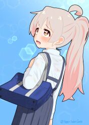 1girl ahoge artist_name bag black_skirt blue_background blush brown_eyes commentary happyundergate highres hot lens_flare long_hair long_sleeves onii-chan_wa_oshimai! open_mouth oyama_mahiro pink_hair pleated_skirt ponytail school_bag school_uniform shirt simple_background skirt solo suspender_skirt suspenders sweat twitter_username wet wet_clothes wet_shirt white_shirt