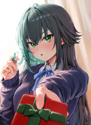 1girl :o absurdres antenna_hair blue_cardigan blue_ribbon blush box cardigan commentary_request dress_shirt fingernails gakuen_idolmaster gift gift_box hair_flaps highres holding holding_box idolmaster incoming_gift long_hair long_sleeves looking_at_viewer neck_ribbon ribbon shirt solo straight_hair tai_saka tsukimura_temari twirling_hair upper_body v-shaped_eyebrows valentine very_long_hair white_shirt