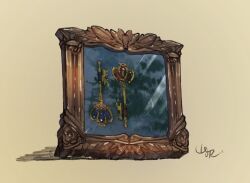 Rule 34 | commentary request, crown (symbol), gem, highres, key, no humans, object focus, original, picture frame, shadow, signature, simple background, still life, yamabuki (haruirokerria), yellow background