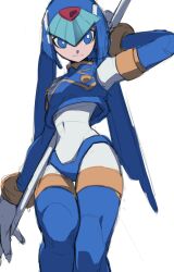 1girl armor blue_armor blue_eyes blue_helmet cowboy_shot fairy_leviathan_(mega_man) forehead_jewel helmet highres holding holding_polearm holding_weapon mega_man_(series) mega_man_zero_(series) polearm simple_background sketch solo spear vani_(hisha_04) weapon white_background