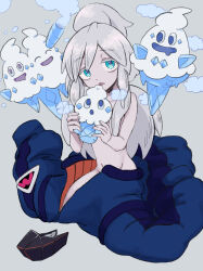 1girl absurdres blue_eyes colored_eyelashes creature crossover deux_murasame drooling floating food freckles gen_5_pokemon grey_background grey_hair gundam gundam_gquuuuuux half_updo highres holding holding_creature ice_cream ishiko_n licking long_hair mecha_pilot_suit midair mouth_drool navel nintendo open_mouth partially_undressed pokemon pokemon_(creature) simple_background sitting smile solo tongue tongue_out vanillish vanillite vanilluxe