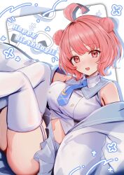 Rule 34 | 1girl, artist request, blush, english text, happy birthday, highres, looking at viewer, navel, necktie, pink hair, short hair, smile, solo, vspo!, yumeno akari