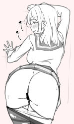 1girl anus arm_on_wall ass ass_focus bar_censor bent_over blush breasts censored clenched_teeth clothes_pull from_behind greyscale half-closed_eyes hand_on_wall highres kunikida_hanamaru long_hair looking_at_viewer looking_back love_live! love_live!_sunshine!! medium_breasts monochrome panties panty_pull pantyhose pantyhose_pull school_uniform sound_effects sweat teeth underwear uranohoshi_school_uniform yopparai_oni
