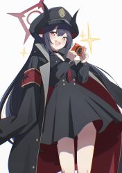 1girl absurdres black_choker black_coat black_hair black_hat black_horns black_shirt black_skirt blue_archive blush breasts camera chiaki_(blue_archive) choker cleavage coat coat_on_shoulders demon_horns grin hair_between_eyes halo hat highres holding holding_camera horns long_hair long_sleeves necktie open_mouth patanda peaked_cap pointy_ears red_eyes red_halo red_necktie shirt simple_background skirt small_breasts smile solo white_background