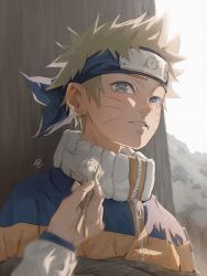 2boys blonde_hair blue_eyes chopsticks earrings facial_mark feeding forehead_protector high_collar highres holding holding_chopsticks jewelry male_focus multiple_boys naruto_(classic) naruto_(series) out_of_frame scene_reference short_hair signature tamelee teeth uchiha_sasuke uzumaki_naruto whisker_markings zipper