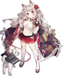 1girl :3 alternate_costume animal_ears azur_lane bandaged_arm bandages bandages_around_chest belt_collar blush breasts budget_sarashi cleavage closed_mouth collar dog eyebrows eyelashes eyes_visible_through_hair female_focus fingernails food fruit full_body grey_hair groin hand_on_own_hip head_tilt hip_vent legs_apart long_fingernails long_hair mandarin_orange medium_breasts miniskirt mochi nail_polish navel official_art pleated_skirt red_eyes red_nails red_skirt sarashi saru shide skirt slit_pupils solo standing stomach tabi tachi-e tail tattoo thick_eyebrows thighhighs transparent_background underboob white_thighhighs wolf_ears wolf_tail yuudachi_(azur_lane) yuudachi_(shogun_of_snowballs)_(azur_lane) zettai_ryouiki