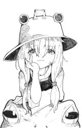Rule 34 | 1girl, facing viewer, frog on head, greyscale, hair ribbon, hat, head on hand, highres, long hair, long sleeves, looking at viewer, monochrome, moriya suwako, ribbon, sashimi oniku, simple background, sitting on animal, touhou, wide sleeves