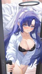 1girl alternate_costume black_bra black_halo blue_archive blush bra breasts cleavage clenched_teeth covering_privates hairband halo highres large_breasts long_hair looking_at_viewer no_pants official_alternate_hairstyle purple_eyes purple_hair shirt solo sweat tangdou0402 teeth underwear very_long_hair white_hairband white_shirt yuuka_(blue_archive)