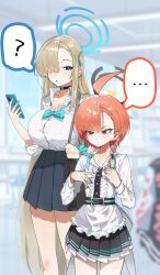 2girls ahoge apron asuna_(blue_archive) asuna_(school_uniform)_(blue_archive) bag black_bag black_nails black_skirt blonde_hair blue_archive blue_eyes blue_ribbon blue_scrunchie blue_skirt breasts cellphone flat_chest frilled_shirt frills hair_between_eyes hair_over_one_eye hair_ribbon highres holding holding_bag holding_phone huge_ahoge jjigong_chigon large_breasts long_hair looking_at_another maid_apron multiple_girls nail_polish neru_(blue_archive) official_alternate_costume phone pleated_skirt red_eyes red_hair ribbon scrunchie shirt sidelocks skirt smartphone white_apron white_shirt wrist_scrunchie