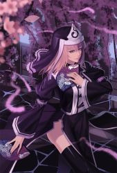 Rule 34 | 1girl, alternate costume, arm at side, arm belt, ass, black skirt, black thighhighs, blunt bangs, blurry, cherry blossoms, depth of field, dual wielding, female focus, flower, folding fan, goshoguruma, hand fan, hand on own chest, hat, hexagon, highres, hitodama, holding, holding fan, honeycomb pattern, japanese clothes, koumajou densetsu, koumajou densetsu 2, light smile, long sleeves, looking at viewer, mob cap, outdoors, pavement, pelvic curtain, petals, pink eyes, pink hair, pink lips, puffy long sleeves, puffy sleeves, red-d, ribbon, saigyouji yuyuko, saigyouji yuyuko&#039;s fan design, shippou (pattern), skirt, solo, thighhighs, touhou, tree, triangular headpiece, veil, walking, wide sleeves