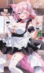 1girl absurdres animal_ears apron black_dress blue_eyes blurry blurry_background blush breasts cake cake_slice cleavage commission detached_collar detached_sleeves dress earrings food frilled_apron frills fruit garter_straps highres holding holding_food holding_fruit holding_plate indoors jewelry large_breasts looking_at_viewer maid medium_hair one_eye_closed original pink_hair plate puffy_short_sleeves puffy_sleeves short_sleeves skeb_commission smile solo strawberry tail tassel tassel_earrings thighhighs waist_apron white_apron white_thighhighs wrist_cuffs yam_(yamap_mako)