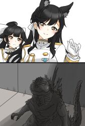 Rule 34 | 2girls, animal ears, atago (azur lane), blunt bangs, commentary request, gloves, godzilla, godzilla (minus one), godzilla (series), godzilla minus one, highres, ibuki (tulta icon), jacket, kaiju, long hair, military uniform, multiple girls, ponytail, shadow, simple background, takao (azur lane), toho, white background, white gloves, white jacket, wolf ears