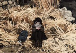 1girl absurdres bag black_hair black_skirt black_socks bob_cut brown_coat brown_footwear charm_(object) coat dirt hands_on_own_knees hay highres legs_together long_sleeves looking_at_viewer nature on_ground original pleated_skirt rabbit_charm rock scarf school_bag school_uniform short_hair sitting skirt socks stone_wall uniunimikan
