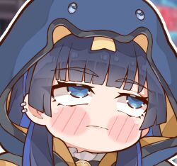 1girl black_hair blue_eyes blush_stickers closed_mouth ear_piercing highres hololive hololive_english hood hood_up kukie-nyan long_hair ouro_kronii piercing solo virtual_youtuber