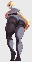 1girl absurdres ass blonde_hair blush bodystocking_pull breasts from_below full_body grey_background highres huge_ass large_breasts lipstick long_hair looking_at_viewer looking_down makeup meme mendics open_mouth original shirt simple_background smile soles solo tiptoes white_shirt wilhelmina_stretch_(meme)