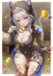 1girl :3 animal_ear_fluff animal_ears belt black_gloves black_leotard blue_eyes breasts cat_ears cat_girl cat_tail cipher_(honkai:_star_rail) cleavage coin collarbone fang fingerless_gloves gloves gold_coin grey_hair highres honkai:_star_rail honkai_(series) hood hood_up hooded_leotard large_breasts leotard long_sleeves looking_at_viewer mole mole_on_collarbone nail_polish open_mouth sitting skin_fang sola_num_5130 solo tail thigh_belt thigh_strap