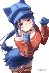 1girl absurdres animal_ear_headwear artist_name black_eyes blue_gloves blue_hair blue_hat blue_skirt blush breasts choker commentary_request cool_mita_(miside) cropped_shirt fake_animal_ears gloves hands_up hat highres long_hair long_sleeves looking_at_viewer low_ponytail mark_under_eye medium_breasts midriff_peek miside mita_(miside) newsboy_cap paw_pose pleated_skirt ponytail red_choker red_shirt red_thighhighs shirt simple_background skirt smile solo syc2159 tattoo teardrop_facial_mark teardrop_tattoo thighhighs thighs white_background zettai_ryouiki